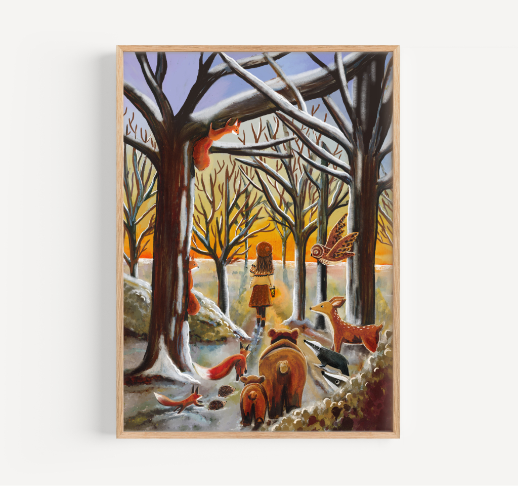 poster bos sneeuw vos beer hert